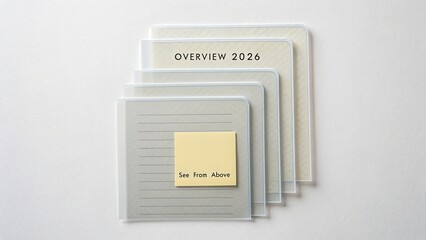 Organized stationery with overview notes and a reminder sticky note on a plain background for office and planning use