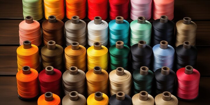 A colorful collection of thread spools, each wound with a different shade of color, showcasing a spectrum of hues and textures, creating a visual feast for the eye.