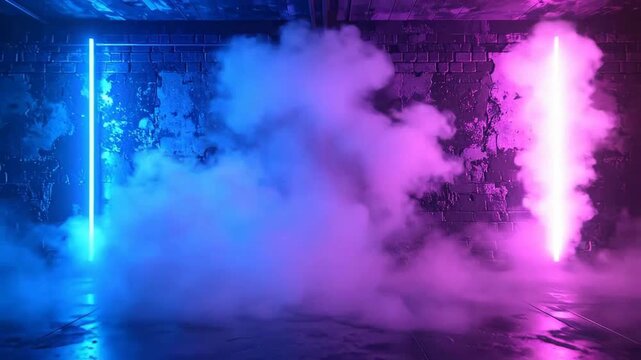 Abstract neon lights illuminate a dark, ngy room filled with atmospheric smoke.