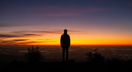 Solitary silhouette stands atop a rise overlooking a sprawling metropolitan area at twilight