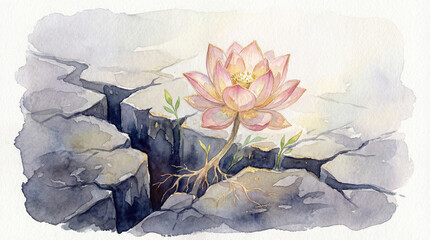 Watercolor Lotus Flower Emerging from Cracked Pavement Metaphor for Resilience Bloom. New Life from Trauma concept with Delicate Pink and Gold Lotus Growing Through Stone Cracks.