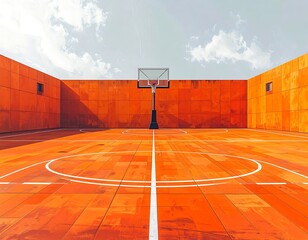 Modern outdoor sports complex with an orange court and tall walls. Clear backboard, and white lines. Blue sky with soft clouds