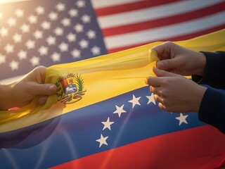 Diverse Hands Holding Blended US Venezuela Flag Fabric - International Unity & Peace
