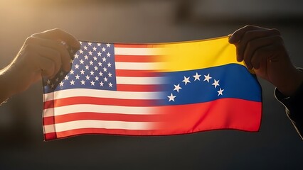 Diverse Hands Holding Blended US Venezuela Flag Fabric - International Unity & Peace
