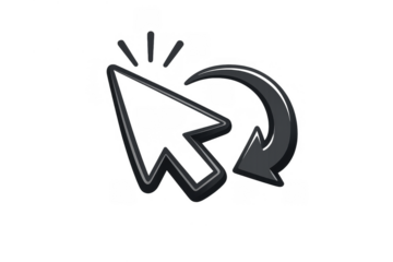 Mouse cursor clicking and reloading icon showing refresh and restart action with pointer symbol on transparent background