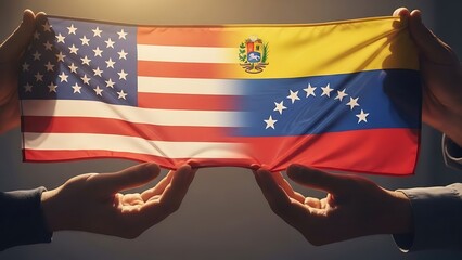 Diverse Hands Holding Blended US Venezuela Flag Fabric - International Unity & Peace
