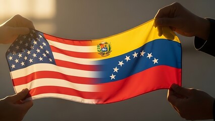 Diverse Hands Holding Blended US Venezuela Flag Fabric - International Unity & Peace
