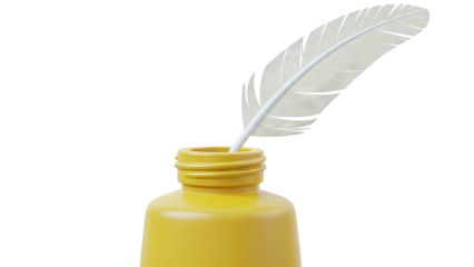 Yellow ink bottle with white feather quill