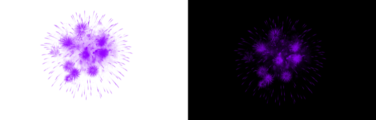 Stunning composite image showcasing multiple vibrant purple fireworks exploding in night sky background alongside isolated transparent png element for design assets