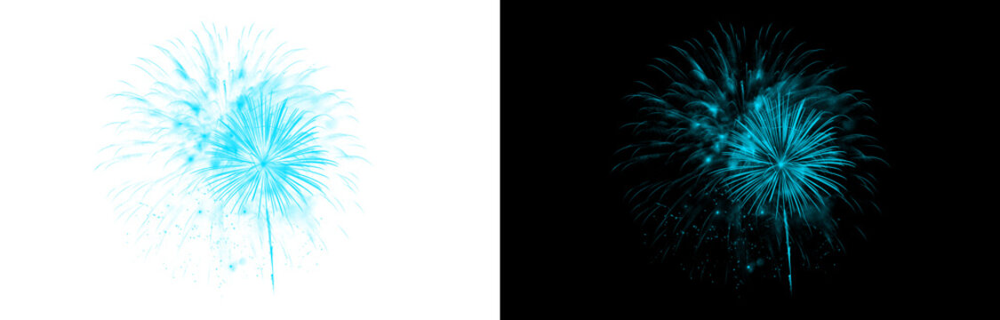 Stunning composite image showcasing a vibrant single cyan firework exploding in night sky background alongside isolated transparent png element for design assets