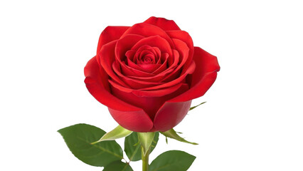 Fototapeta premium Vibrant red rose flower on stem, blooming scarlet rosebud with green leaves, elegant floral element isolated on white background, romantic botanical PNG