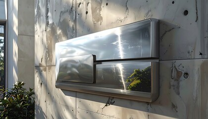 Modern, rectangular, metallic wall-mounted object with a mirrored finish reflecting nature, sunlight, and a textured concrete wall