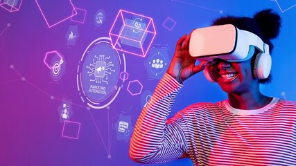 A joyful young woman engages with a virtual reality headset, surrounded by vibrant digital graphics that symbolize technological advancement and lively interaction. Raster