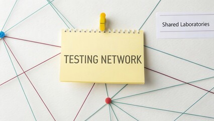 Yellow Sticky Note on Wall with Text Testing Network and Colorful Strings Representing Connections and Collaboration