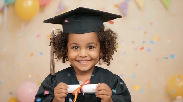 Smiling child graduation cap diploma celebration confetti joyful toddler graduate holding diploma