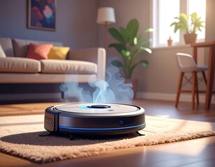Modern robotic cleaner with a blue light emits vapor. In a living room setting, it's cleaning the carpet