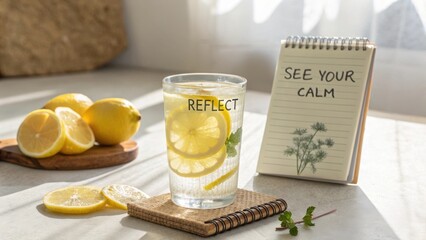 Refreshing Lemon Water with Inspiring Note on Calm and Relaxation in Bright, Minimalist Kitchen Setting
