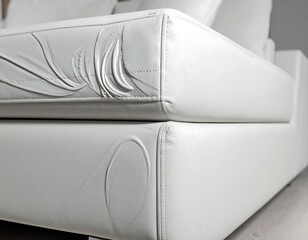 Modern sectional sofa detail, showcasing stitched white leather with an intricate embossed design on the armrest, capturing luxurious texture