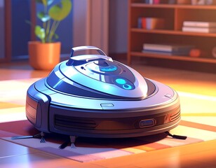 Modern robotic vacuum cleaner rests on a rug in a sunlit living room. Shelves and a plant are in the background, offering a cozy domestic scene