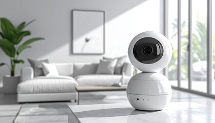 Modern security camera showcased in a bright, minimalist living room setting with sunlight streaming in from large windows