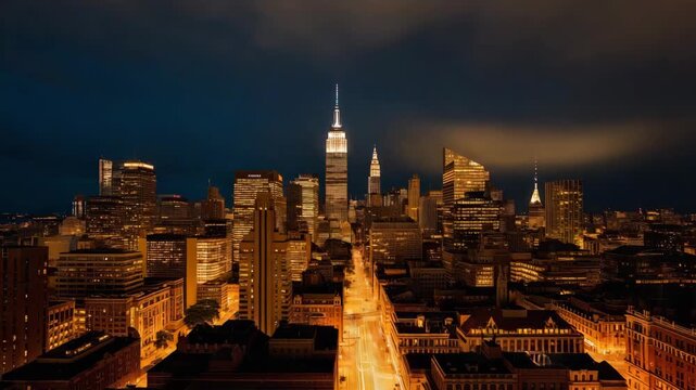 Skyline city skyscraper dusk night illuminated avenue glowing street lights dramatic clouds