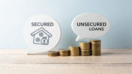 Comparison of Secured and Unsecured Loans with Symbolic Coins and Speech Bubbles Representing Financial Concepts