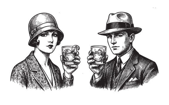 Illustration of a 1920s Couple with Hats Toasting with Old Fashioned Glasses