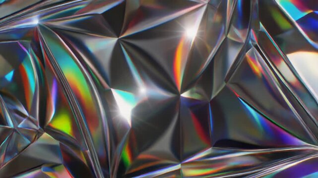 Iridescent metallic surface with reflective geometric patterns and rainbow colors.