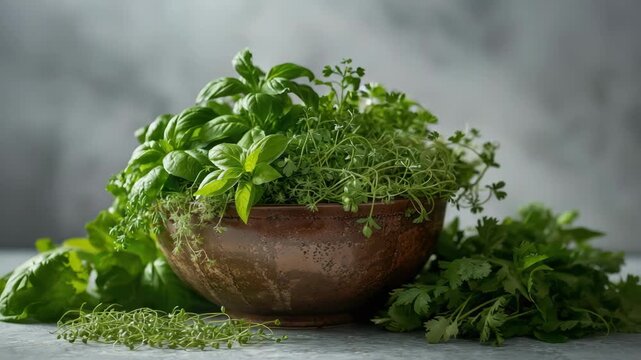 Fresh basil herb parsley thyme in rustic ceramic bowl aromatic green kitchen garden textures