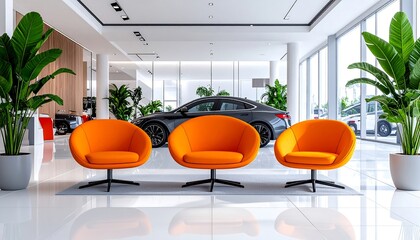 Modern showroom interior featuring three orange armchairs, a sleek car, large windows, and leafy green plants