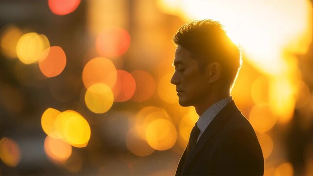 朝日の玉ボケを背に横顔を見せる男性のポートレート