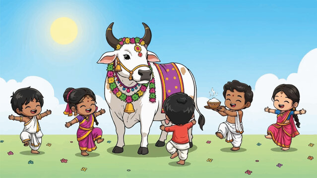 Indian kids celebrate pongal festival with a decorated cow.