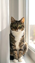A tabby cat sits gracefully on a sunlit windowsill, gazing forward