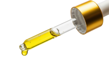 Cosmetic glass dropper with gold cap dripping yellow oil isolated on transparent background