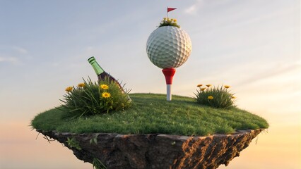 Golf ball and wine bottle on floating green