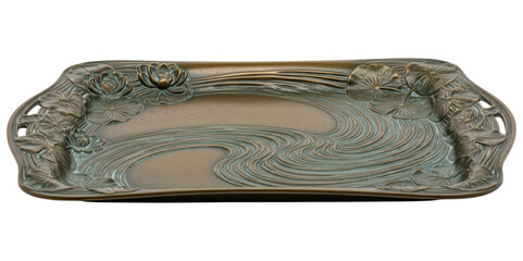 Rectangular bronze tray with relief lotus and water design isolated on transparent background