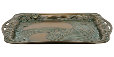 Rectangular bronze tray with relief lotus and water design isolated on transparent background
