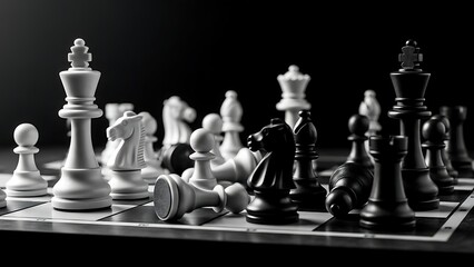 Chess pieces arranged on board showcasing strategy game elements in monochrome finish