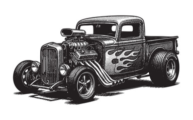 Custom Hot Rod Pickup Truck with Flames, Hand-Drawn Pen and Ink Sketch, Black and White Vector Illustration © trianatio