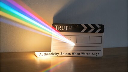 Creative Concept of Truth with Clapperboard and Colorful Light Rays for Authenticity Representation