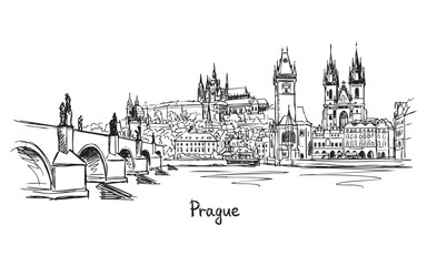 Obraz premium Hand Drawn Black and White Sketch Illustration of Prague City Skyline Featuring Charles Bridge, Prague Castle, and St. Vitus Cathedral