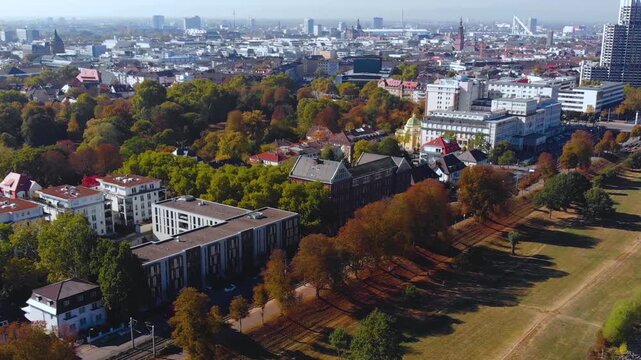 Aerial view around the city of Mannheim in Germany beside the Rhine river on a sunny autumn day