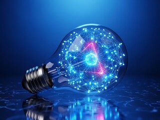 Conceptual light bulb with glowing digital network and geometric shapes inside