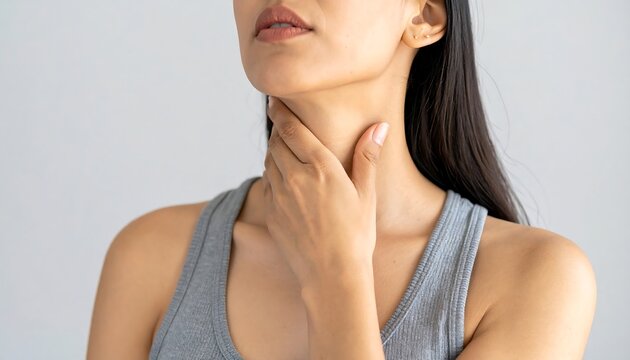 Woman experiencing throat pain, discomfort, or thyroid issues.