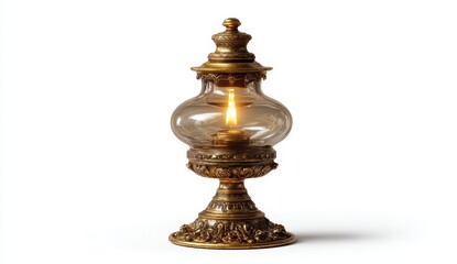 Fototapeta premium Ornate Antique Brass Table Lamp with Warm Glowing Filament and Amber Glass.