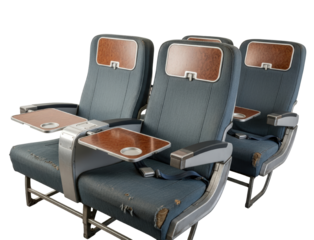 Row of generic vintage blue passenger seats with wooden trays isolated on transparent background
