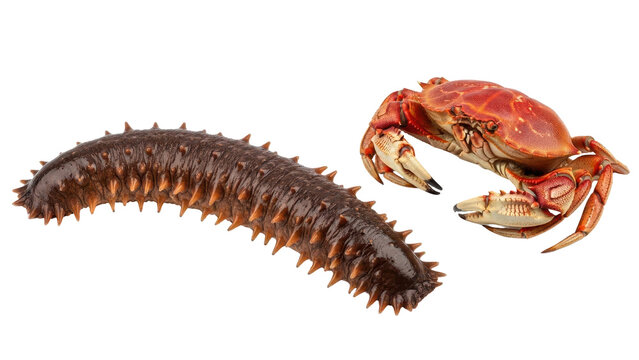 Fresh sea cucumber and red crab isolated on white background, raw seafood collection, marine life and aquatic delicacies for culinary design