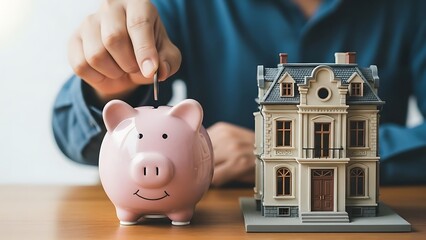 Hand placing coin into piggy bank beside miniature house model saving money for home purchase