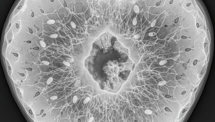 Intricate fig cross-section X-ray reveals delicate inner structures in monochrome, artistic composition, enhanced detail of cells, botanical detail.