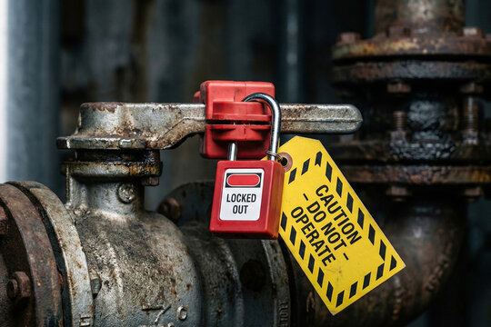 Rusty industrial pipeline valve secured with red lockout device and yellow caution tag to prevent operation during maintenance repair work